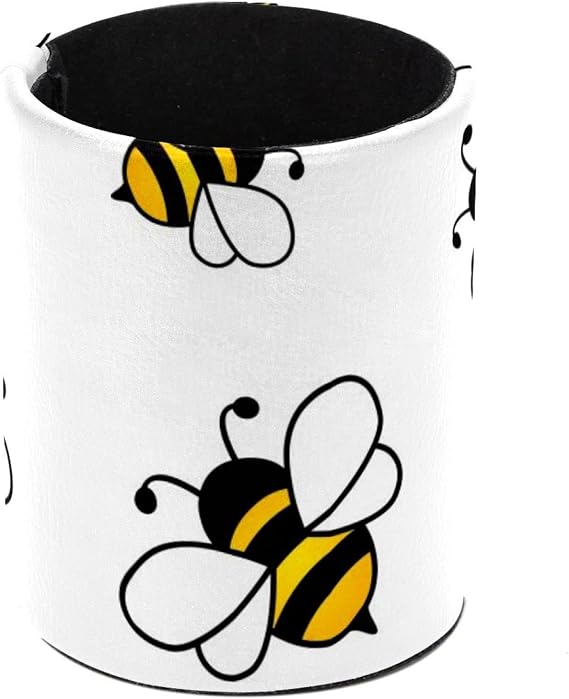Flying Bees Pen Holder for Desk, Pencil Holder Desktop Organizers Stationery Supplies Storage, Cute Pencil Cup for Makeup Brush/Art Supplies, Office, Home, Leather