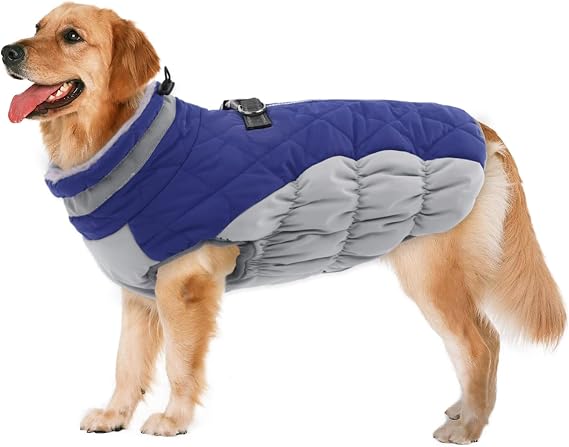 Lelepet Dog Coat Warm Dog Winter Coat Waterproof Dogs Jacket with Harness Built in Reflective Pet Fleece Vest Zip-Up Cold Weather Coats for Large Dogs Turtleneck & Windproof Coats Pitbull Blue 2XL | Reflective Pet Fleece Vest Zip-Up Cold Weather Coats for Large Dogs Turtleneck & Windproof Padded Coats Pitbull Blue XXL