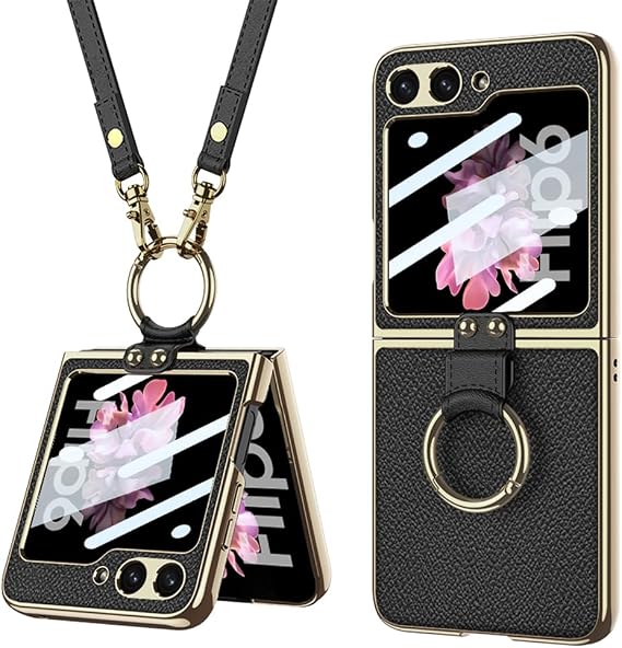 Lunivop Compatible with Samsung Galaxy Z Flip 6 Case with Crossbody Strap Lanyard Ring Kickstand PU Leather Cover Built in Small Screen Protector Full Coverage Phone Case (for Z Flip 6 2024 Black)