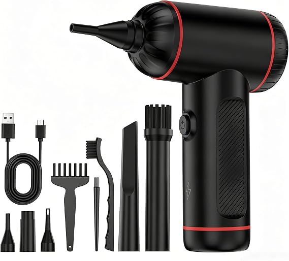 Compressed Air Duster, 100000RPM Handheld Car Vacuum/Air Blower& Pump, 3 Gear Adjustable Electric Air Duster/Car Vacuum Cleaner, Keyboard Duster with LED Light-10 Kits Air Blower for Computer(Black)