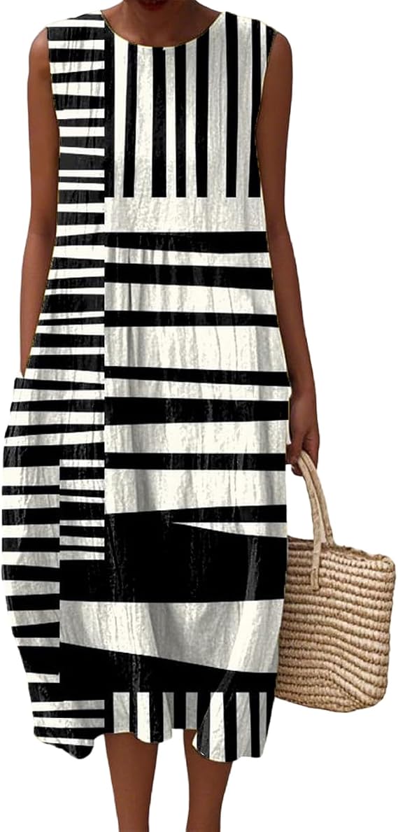 Womens Midi Dress Cheesecloth Summer Dresses for Women UK Floral Cotton Linen Loose Fit with Pockets Sleeveless Italy Casual Beach Ladies Clothing Women's Italian Style Sundress Lightweight