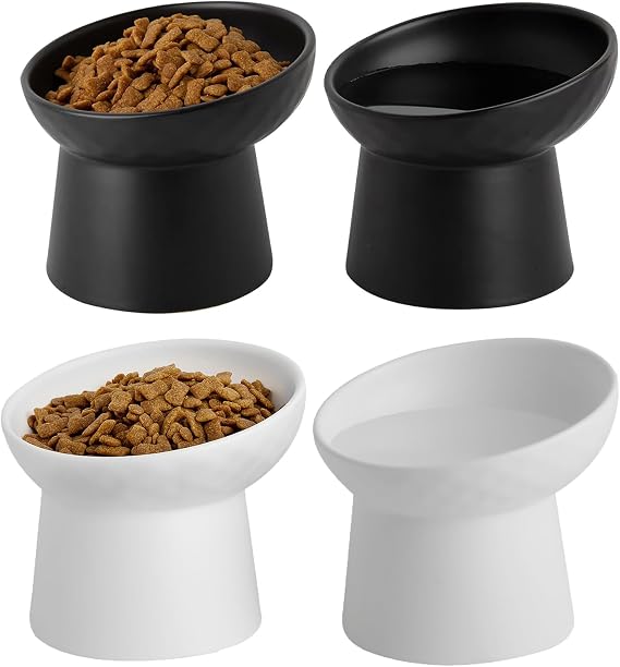 Elevated Cat Bowls, 15 Tilted Ceramic Raised Cat Food and Water Bowl Set, Whisker-Friendly Porcelain Pet Feeder Dishes for Indoor Cats and Small Dogs,Black & White Mixed,5.2 Inch,4 Pack