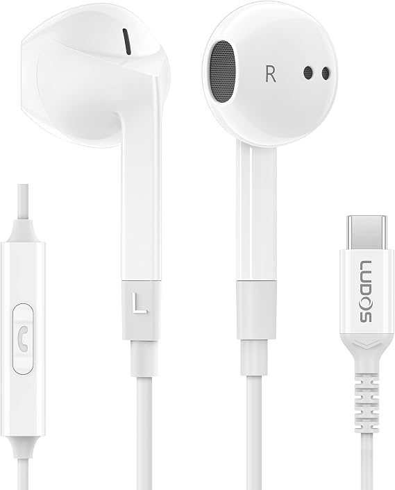 LUDOS FEROX USB C Headphones for iPhone 17 16 15 Pro Max Plus Air iPad Pro, USB-C Earbuds for Samsung Galaxy S24 S23 Ultra S22 S21 FE S20 Z Flip 3 Fold 4 A53, USB Type C Earphones