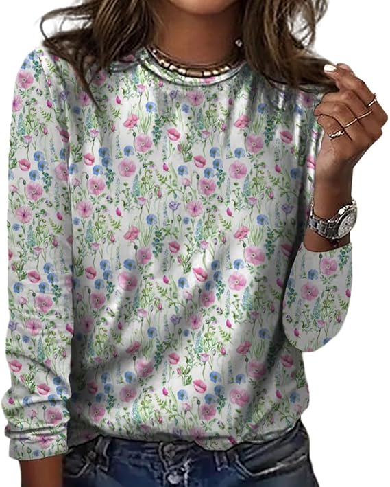 Women's Boho Floral Long Sleeve Shirts Casual Loose Fit Crewneck Blouses Comfortable Basic Tops