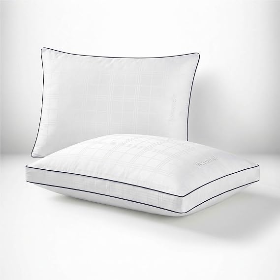 Thomasville 100% Cotton Windowpane Bed Pillow with Supportive Gusset for Side, Back and Stomach Sleepers, Set of 2, King Size Pillows 20"x36"