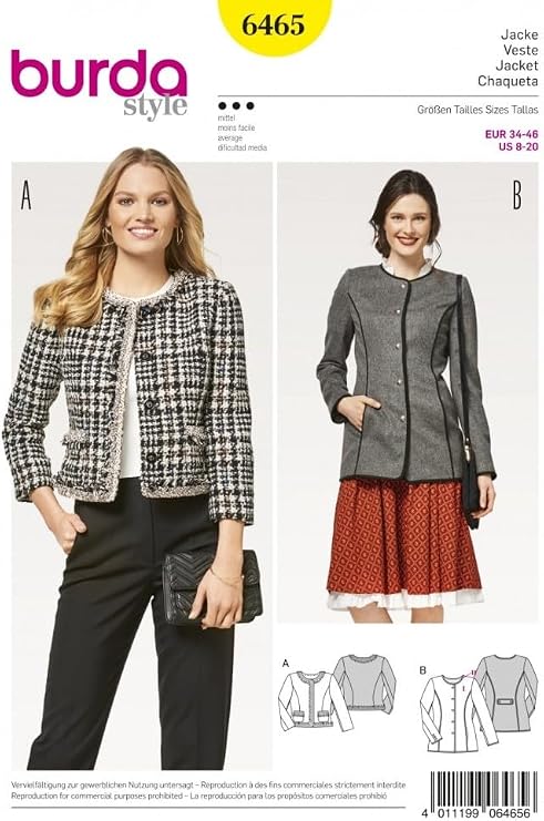 Burda Women's Collarless Jackets Sewing Pattern 6465, Size 8-20