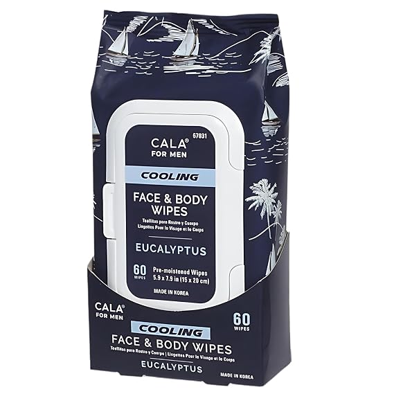 CALA for Men Cooling Face & Body Wipes, Eucalyptus Leaf Oil + Witch Hazel, Unscented Pre-Moistened Cleansing Tissues for Sweat & Grime, Soft Woven Cloth, 60 Sheets