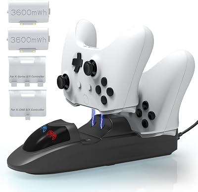 iPLYGAM Controller Charger Station with 2 x 3600mWh Rechargeable Battery Packs for Xbox OneXbox SeriesXbox EliteXbox X Controller, Charging Station Dock for Xbox Controlllers with 4 White Covers,