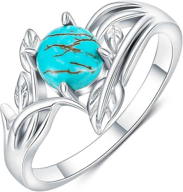 Womens Natural Turquoise Rings 925 Sterling Silver Genuine Green Round Stone Leaf Ring Jewelry for Mom Wife