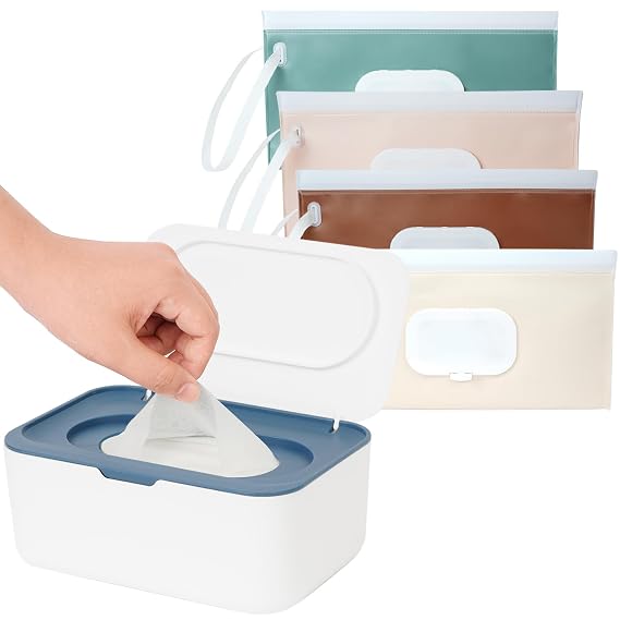 Wipes Dispenser with 4 Pack Portable Baby Wipe Case, Wipe Holder for Baby & Adult, Seposeve Refillable Wipe Container, Keeps Wipes Fresh, Easy Open/Close Wipes Pouch Case, Blue + 4 PureColor