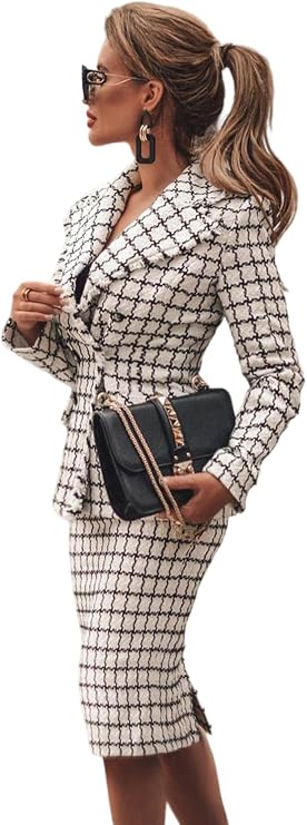 Womens Tweed Fashion Vintage Striped Plaid Blazer Skirt 2 Piece Sets Formal Classic Casual Suit Party Wedding Business