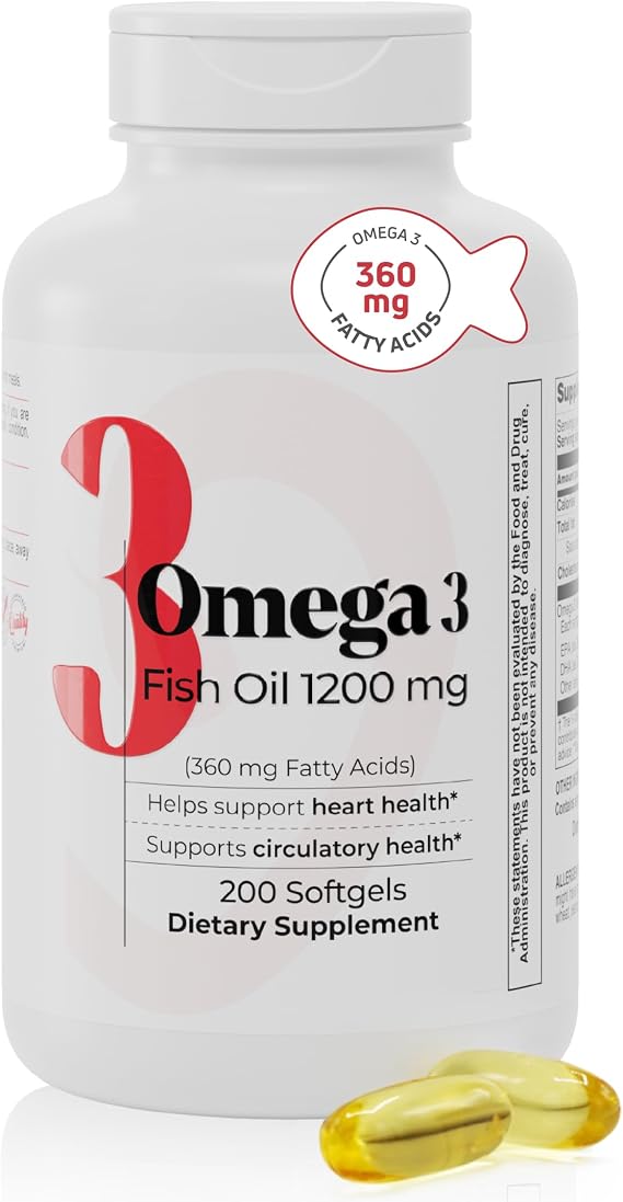 Omega 3 Fish Oil 1200 mg 360 mg Omega-3 Fatty Acids Supports Heart & Circulatory Health Fish Oil Supplement for Men & Women 200 Softgels