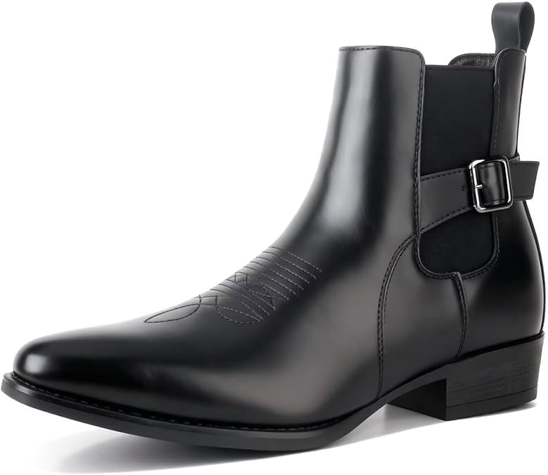 Men's Vintage Patent Leather Chelsea boots, Steel Toe Chelsea Ankle Boots with Embroidered Detail
