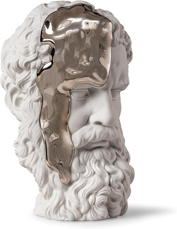 LLADRO The Thinker. Matte White Porcelain Figure with Silver Lustre from The Eternal Fluidity Collection. Decorative Sculpture in a Classic Style That Depicting The Head of an Ancient Thinker.