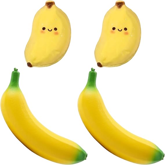 4 PCS Banana Squishy, 2 Large and 2 Small Fruit Shaped Squeeze Ornaments, Soft Sensory Banana Decorations, Slow Rising Squishy Banana for Desk Display