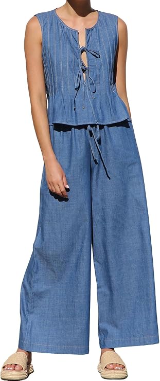 loveimgs Women Summer 2 Piece Denim Set Sleeveless Pleated Tencel Tank Jean Vest Top Tie Wide Leg Denim Palazzo Pants Outfit