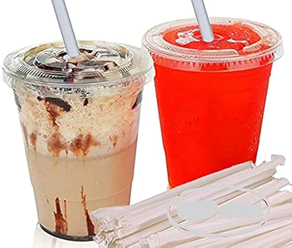 Decony 100 Pc. Clear Plastic Cups with Lids and Straws- 16 Oz Plastic Cups with Lids Suitable for Iced Coffee, Bubble Boba Tea, Slush Cold Drinks- Includes Wide Jumbo Smoothie Straws