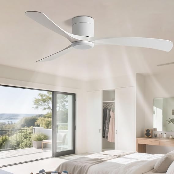Flush Mount Ceiling Fan No Light Modern Quiet 46in Ceiling Fans with Remote Control, Low Profile White Ceiling Fan Without Light 3 Blades for Bedroom Living Room Restaurant Patio Indoor [Energy Class A]