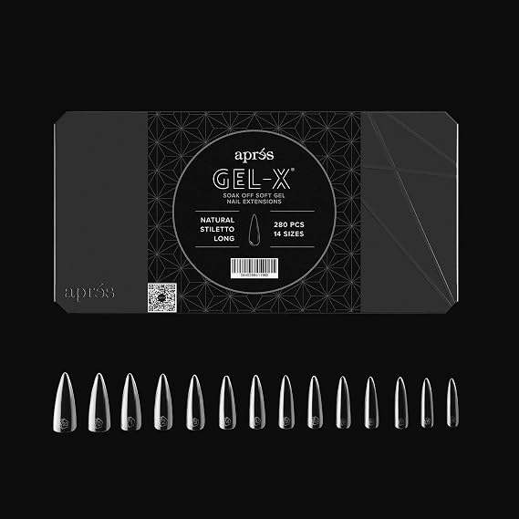 Apres Gel-X Stiletto Box of Nail Tips | 280 Gel-X Tips, Soft Tips, 14 Sizes 00-9 | Half-sizes Included (Natural Stiletto Long, 280 Count)