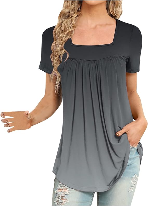 Summer Graphic T Shirts for Women 2025 Trendy Short Sleeve Square Neck Casual Tops Vintage Floral Print Boho Blouse