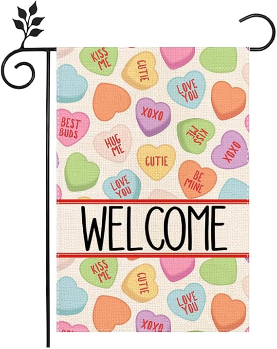 Valentines Day Garden Flag,Candy Love Hearts Welcome Garden Flag 12x18 Inch vertical Double Sided Love Heart Outside Yard Outdoor Decoration
