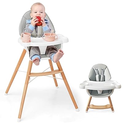 HONEY JOY Baby High Chair, Eat & Grow Beech Wooden Highchair for Babies and Toddlers, Removable Double-Layer Food Tray, 5-Point Harness, PU Cushion and Footrest for Infants Boys Girls Gray