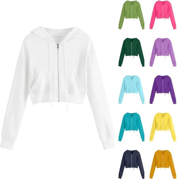 Cropped Zip up Hoodie Women Y2k Casual Sweatshirts Workout Long Sleeve Drawstring Hooded Track Jacket Crop Tops