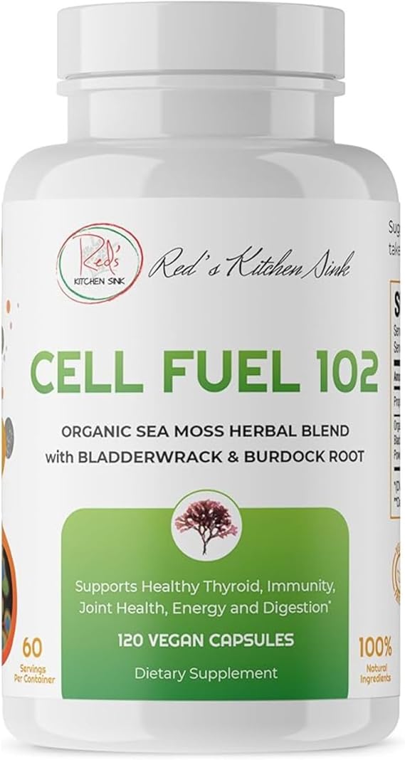 Red's Kitchen Sink Cell Fuel 102 Organic Sea Moss 120 Capsules with Bladderwrack & Burdock Root | Dr. Sebi Inspired Herbal Blend | 60 Servings, 2 Month Supply | Vegan, 100% Natural