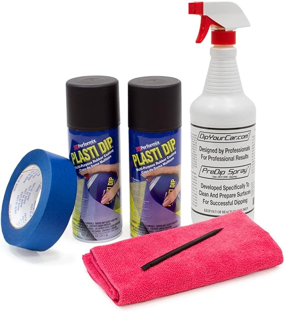 DipYourCar Plasti Dip Matte Black Emblem and Badges Paint Kit - DIY Set with Cans of Sprayable Automotive Peelable Protection Blue Masking Tape PreDip Cleaner Spray and Spudger Tool for Car Emblems and Badges.