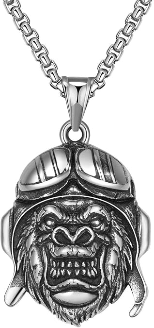 Hip Hop Tiger Head Gorilla Black King Kong Pendant Necklace for Men Stainless Steel Gothic Vintage Punk Necklace for Boys, 24 inch Chain