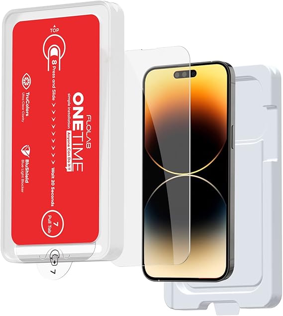 FLOLAB NanoArmour ONETIME Case Friendly iPhone 14 Pro Screen Protector Best Tempered Glass Protects Your Eyes - Durable, Smooth as Butter, Easy to Install. Dustless