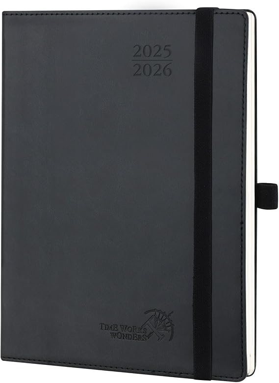 POPRUN Planner 2025-2026 (Medium - 6.5'' x 8.5'') Academic Weekly Calendar (July 2025 - June 2026) with Hourly Time Slots, Monthly Tabs, 100GSM Thick Papers, Leather Soft Cover - Black