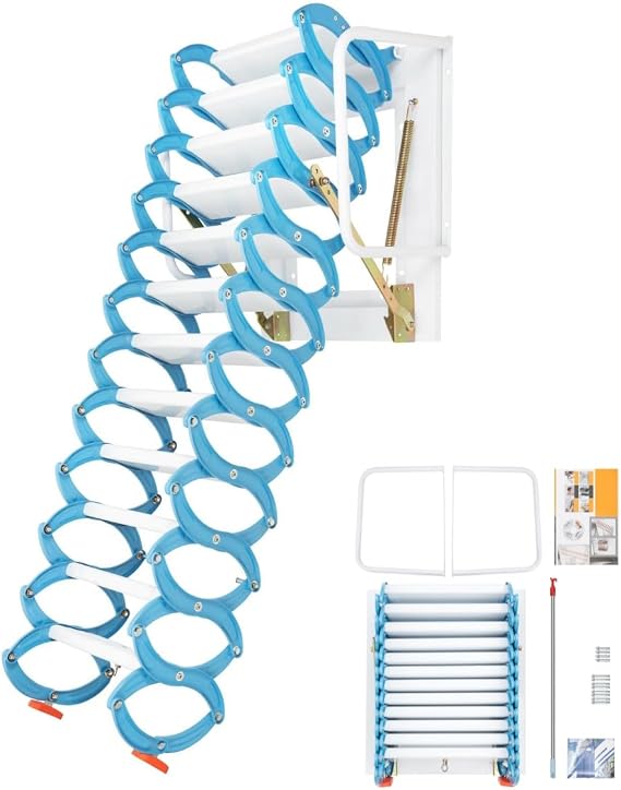 Wall-Mounted Folding Attic Ladder, 9.5-10.17ft Pull Down System, 12-Step Alloy Attic Access Ladder, Up to 880lbs