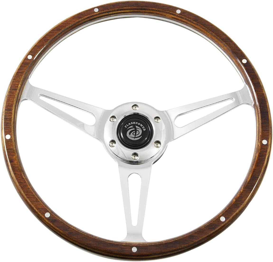 Classic Riveted wooden steering wheel with 6 bolt and Horn Button