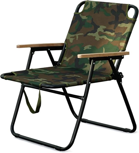Foldable Camping Chair, Folding Camping Chair with Handle, Lightweight Folding Chairs, Small Camp Chairs with Wooden Armrest, Perfect for Fishing, Picnic and Hiking (Camouflage)