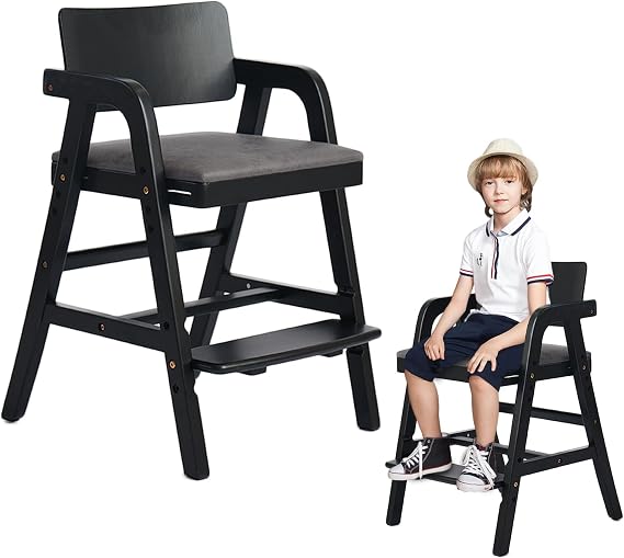 Wooden High Chair for Babies and Toddler Dining Chair, Black | Baby HighChair Grows with Kids, Baby Feeding Chair for Dining Study with Adjustable Seat and Footrest, for Home, Restaurant