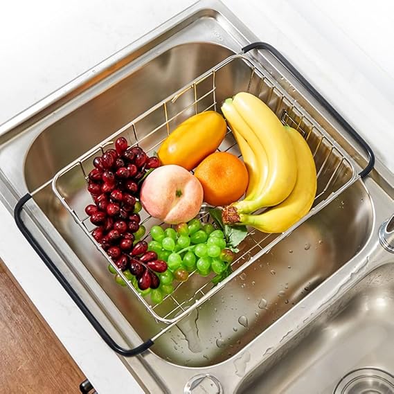Stainless Steel Sink Strainer Drain, Telescopic Drain Basket with Adjustable Armrest, Kitchen Rack Drain Basket, Over The Sink Dish Drying Rack,Deep and Large- Rustproof