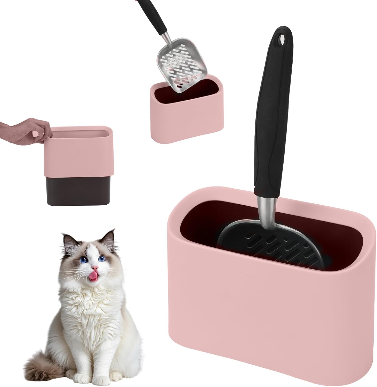 Heavy-Duty Cat Litter Scoop with Holder, Metal Cat Scooper and Detachable Trash Can,Aluminum Kitty Poop Shovel Captures All Clumps,Speed Sifter Litter Box Scooper and Caddy with LidPink