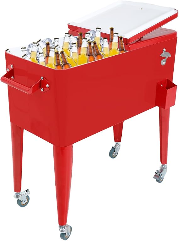 80 Quart Outdoor Cooler Cart Rolling Ice Cooler Ice Chest with Wheels Side Handles Bottle Opener Cap Catcher Portable Drink Cooler for Parties Poolside Patio BBQ Beach