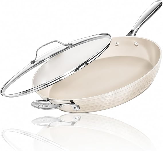 GOTHAM STEEL Hammered 14 Inch Large Nonstick Frying Pan with Lid, Cream