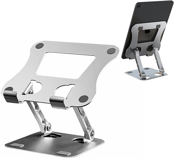 Tablet Stand Holder for Desk, Aluminum Portable Foldable Eye-Level Tablet Mount Holder Adjustable for Home Office Compatible with Ipad Pro Air Mini E-Reader (4-12")- Silver