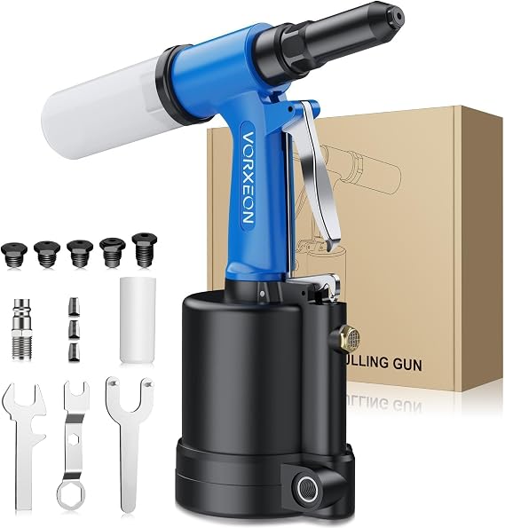 Compressed Air Riveter Compressed Air Rivet Gun with 5 Mouthpieces (2.4 3.2 mm 4.0 mm 4.8 mm 6.4 mm) 1780 KGF Tensile Force 16 mm Stroke Compressed Air Blind Rivet Gun for Industry Garage Workshop Boat & Car