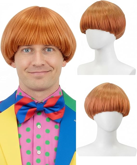 FunnAura Ginger Wig, Crazy Bowl Cut Wig, Short Mushroom Funny Toupee for Men Women 60s 70s 80s Cosplay Costume Fancy Dress Party
