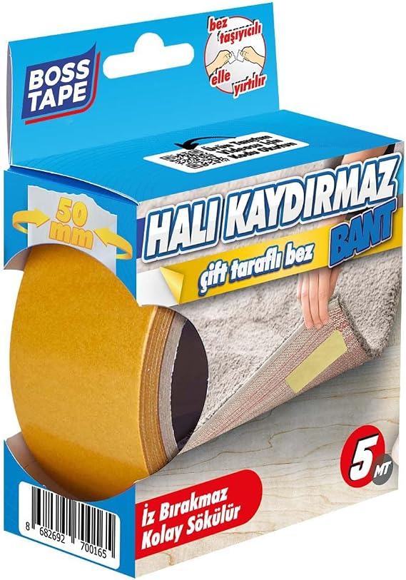 Boss Tape Halı Yapıştırıcı Bant, Kaymaz Halı Bandı, 5 Metre Uzunluk x 50 mm Genişlik, Sarı