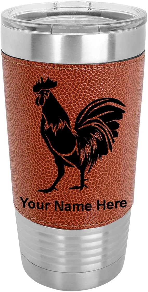 LaserGram Personalized 20oz Tumbler, Rooster (Basketball Style) | Engraved Gift, Faux Leather Wrap, Vacuum Insulated Stainless Steel, Laser Engraved With Your Name