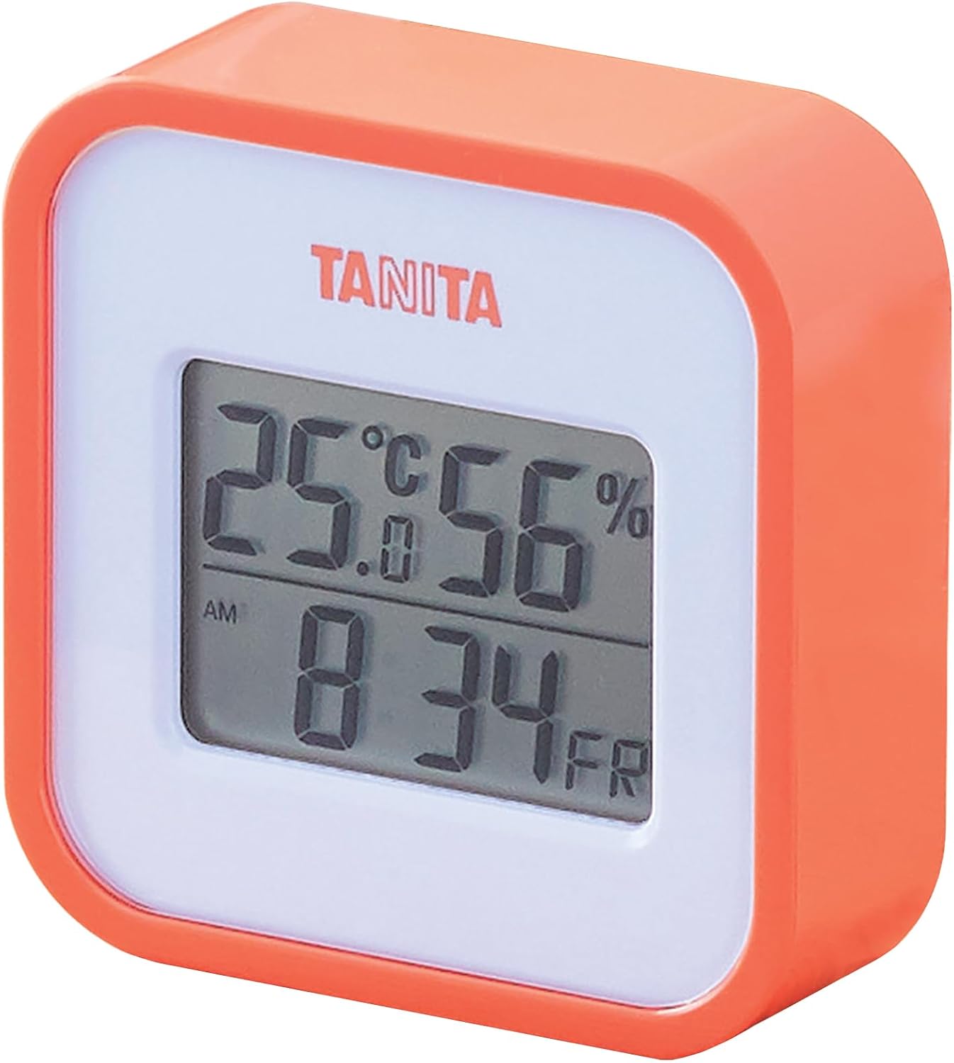 Tanita TT-558 OR Digital Thermometer/Hygrometer Clock, Calendar, Temperature, Humidity, Wall Mount, Desktop, Magnetic, Orange