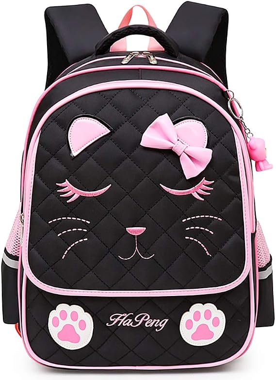Cat Black School Backpack for 8-16 Year Old Girls, Cute Elementary School Bags Bookbags for Kids