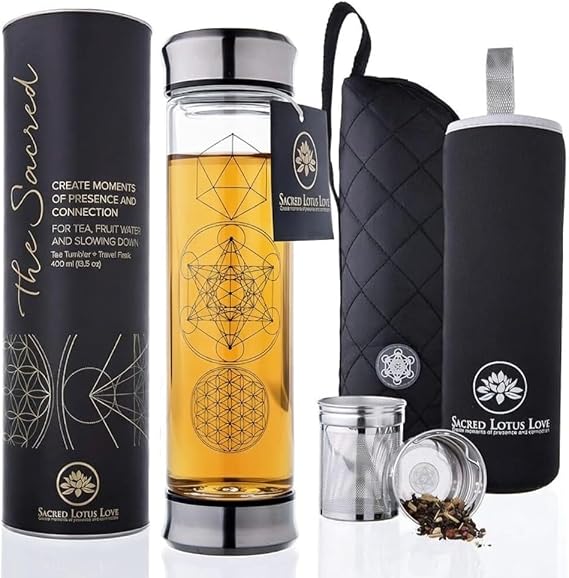 Sacred Lotus Love Double-Walled Glass Tea Infuser Bottle 14oz Portable Travel Mug with Strainer and Sleeve for Loose Leaf Tea, Coffee, Smoothies - Insulated Tumbler with Lid for Hot and Iced Beverages