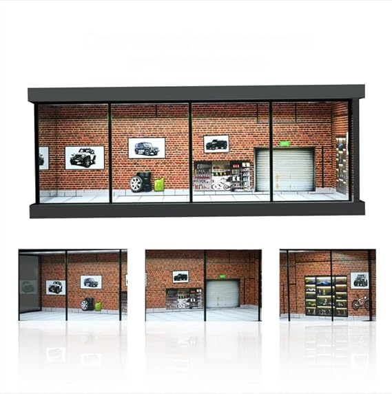 1:64 Diorama Garage Model, LED Lighting Parking Lot Model Scene Display Case,for 1/64 Scale Diecast Model Car Display,Toy Cars Scene Display Storage Collection, Building Model (Red Brick) | Parking Workshop Scene Display Case, for 1:64 Diecast Model Cars Display, Showcase Model Collection Gift (Red Brick)