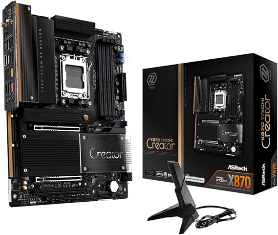 ASRock X870 Taichi Creator ATX Motherboard, AMD AM5 Ryzen 9000-7000, DDR5 8000+ (OC), Dual PCIe 5.0, USB4, 10G+5G LAN, Wi-Fi 7, 18+2+1 Phase 80A SPS